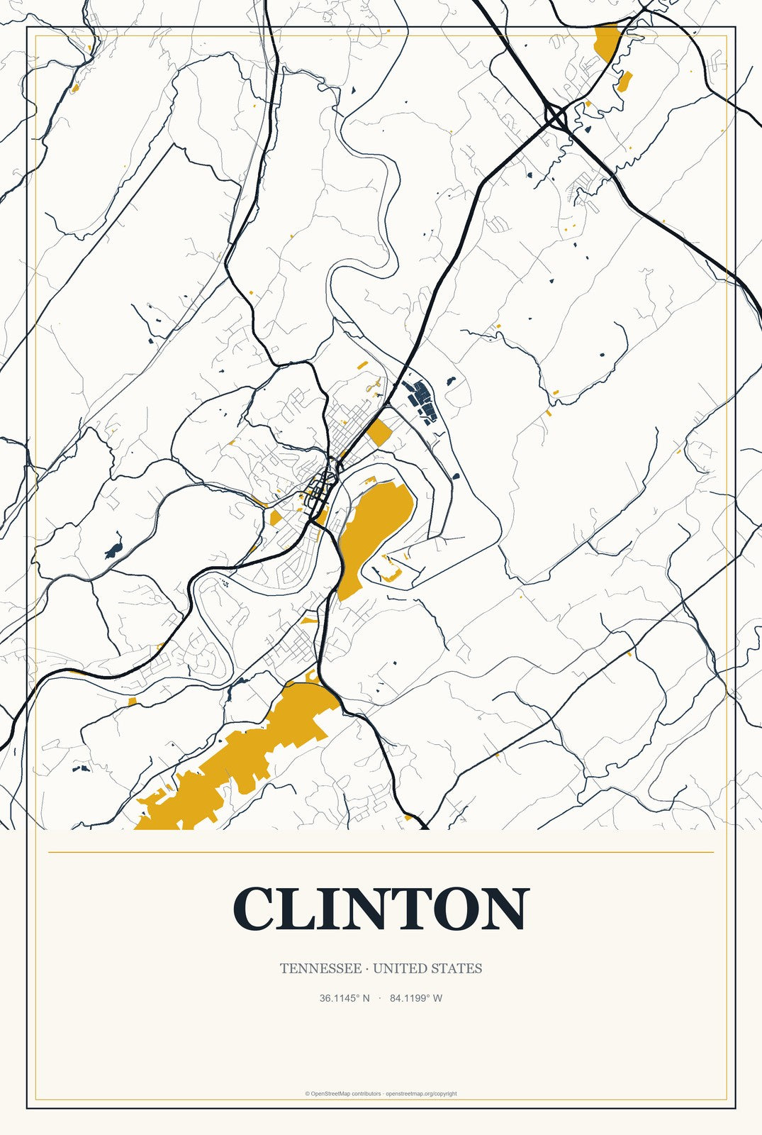 Clinton, Tennessee City Map Aluminum Sign in Citrine Modern style