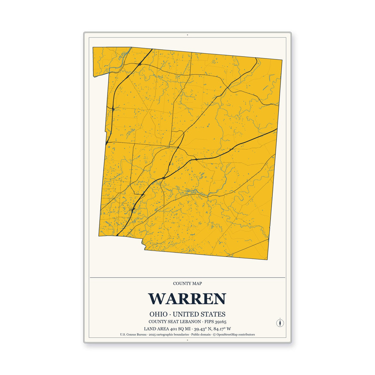 Warren County, Ohio Map Aluminum Sign in Citrine Modern style