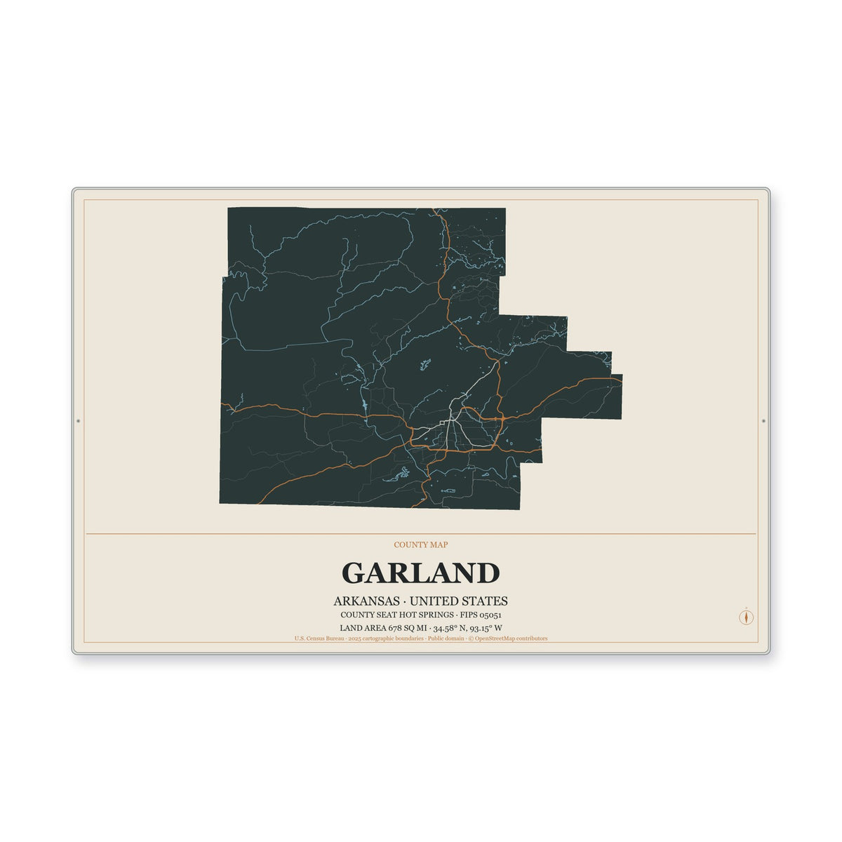 Garland County, Arkansas Map Aluminum Sign in Headline Atlas style