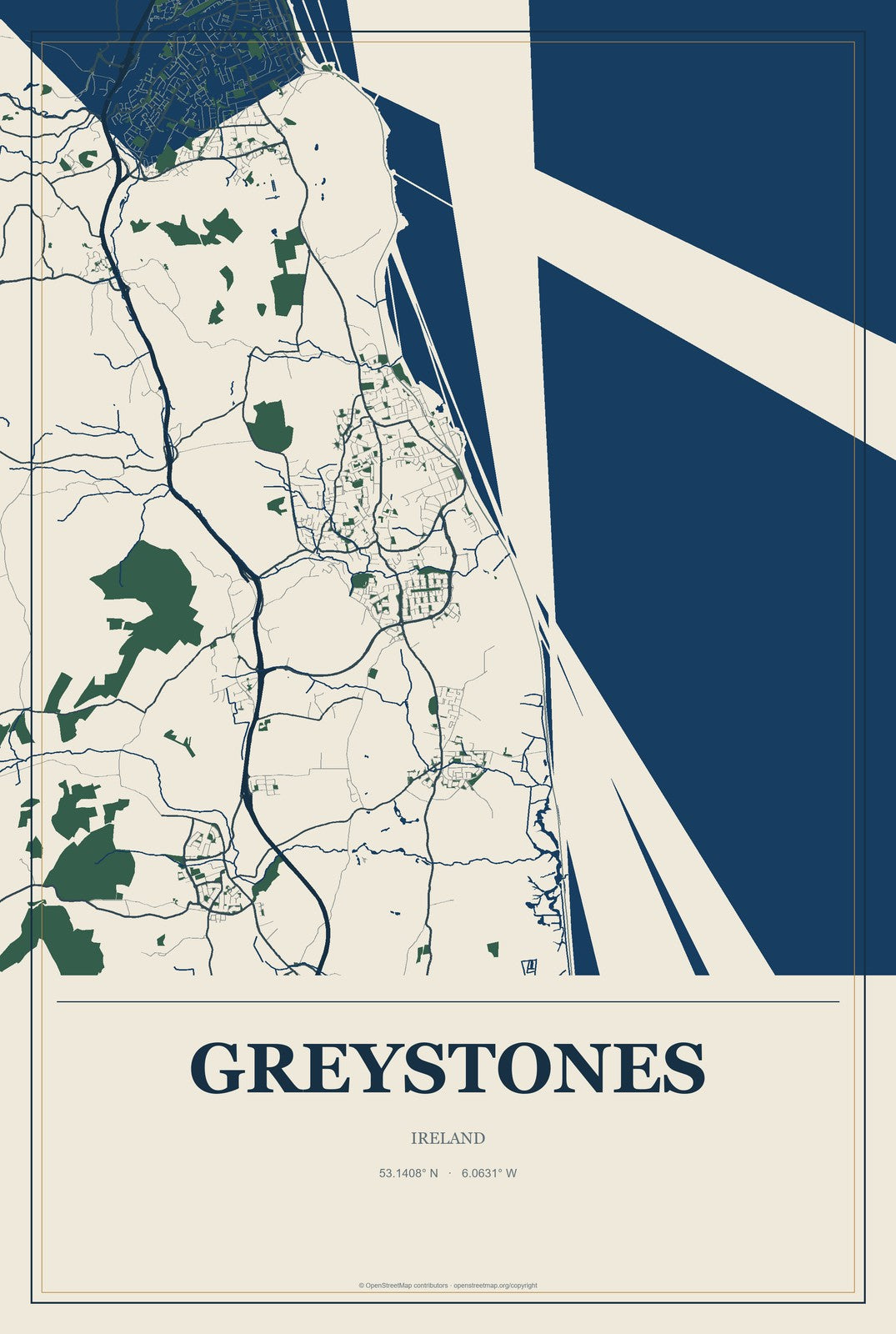 Greystones, Ireland City Map Aluminum Sign in Coastal Cutout style