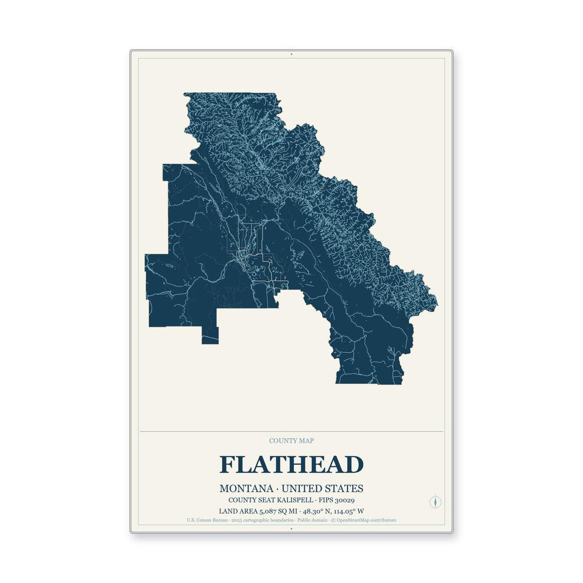 Flathead County, Montana Map Aluminum Sign in Coastal Cutout style