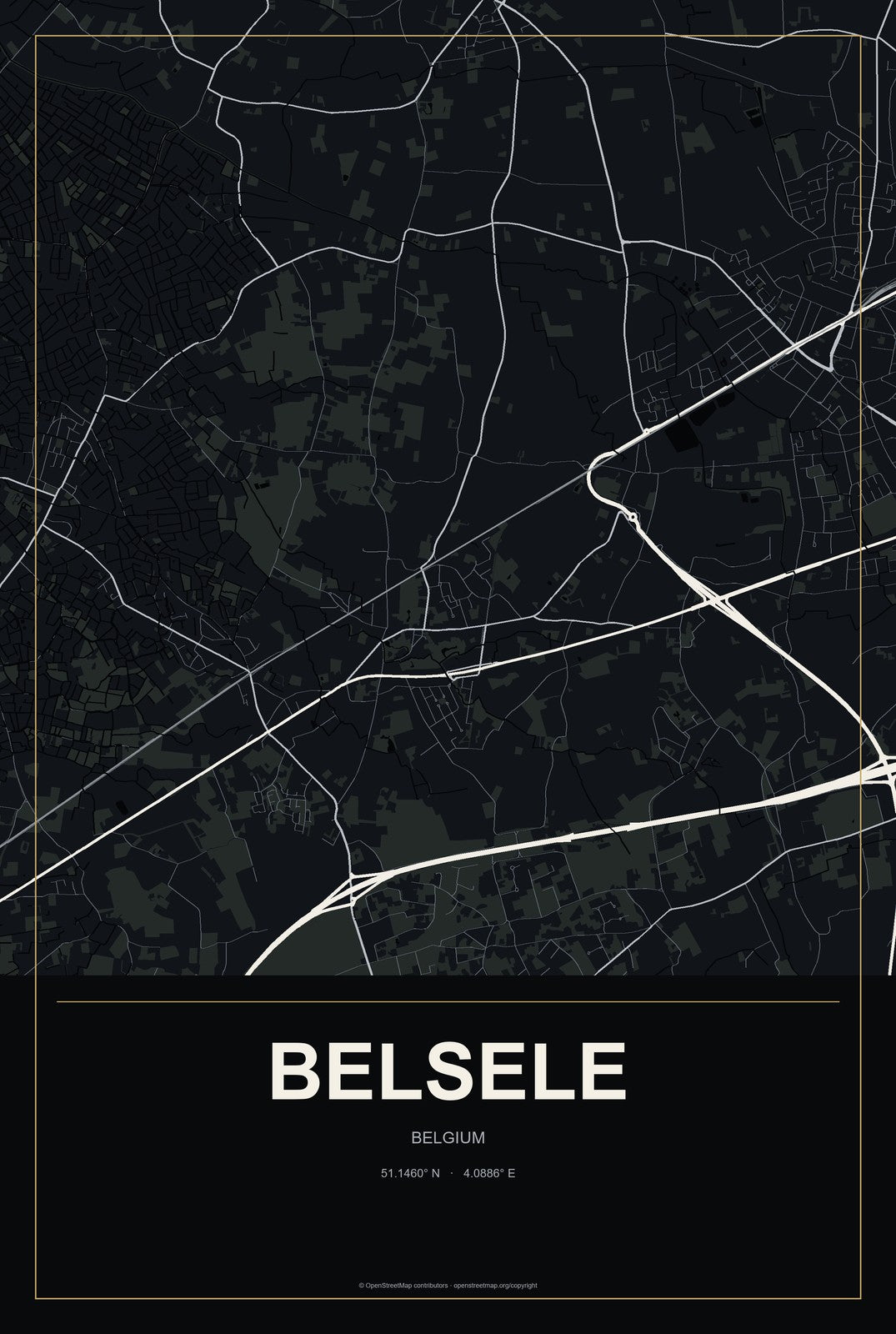 Belsele, Belgium City Map Aluminum Sign in Metropolitan Noir style
