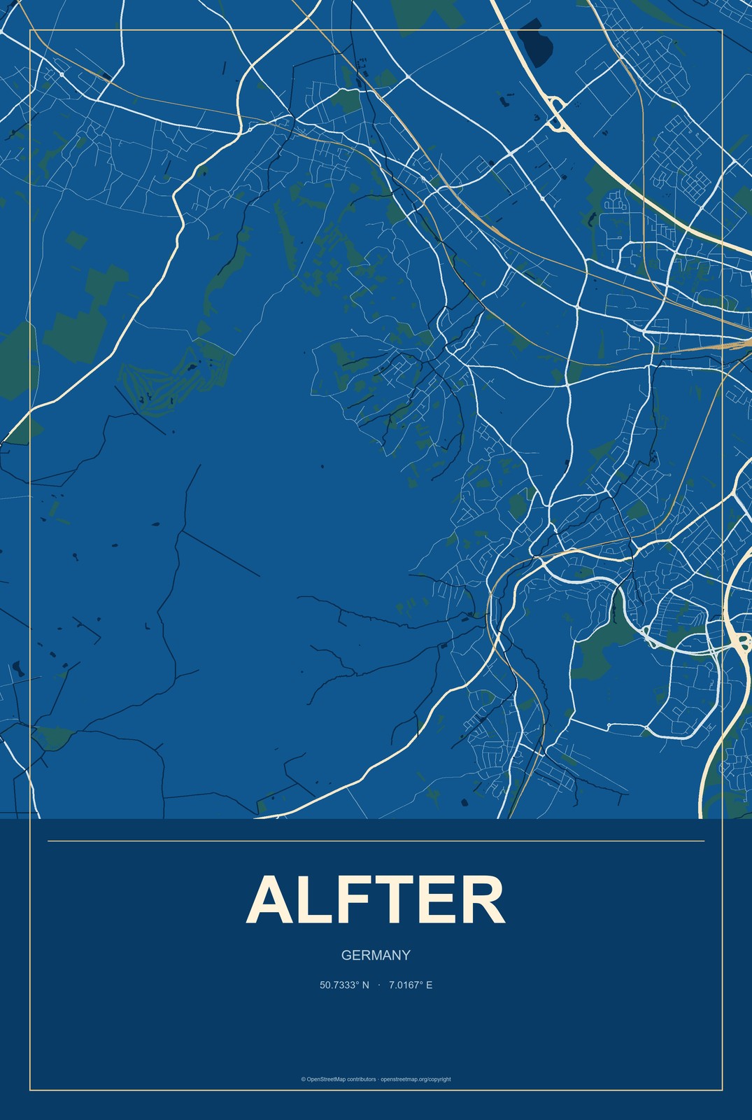 Alfter, Germany City Map Aluminum Sign in Harbor Cobalt style