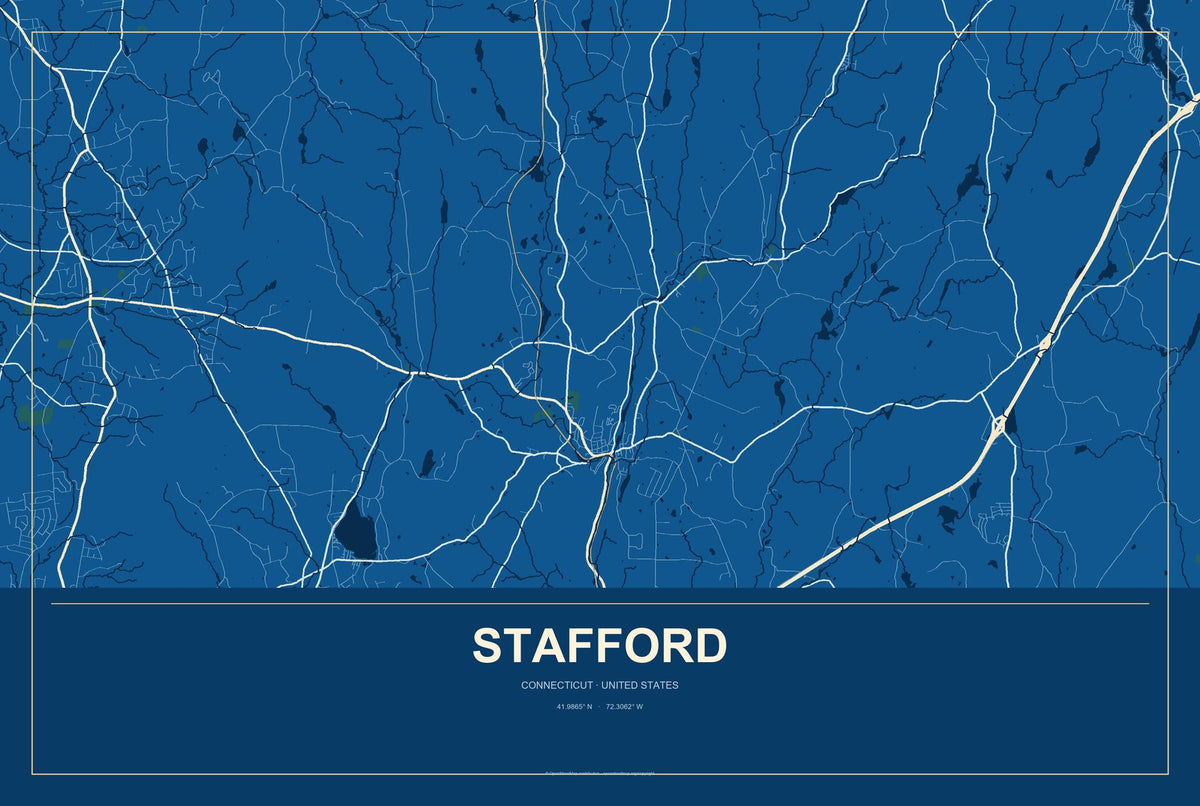 Stafford, Connecticut City Map Aluminum Sign in Harbor Cobalt style