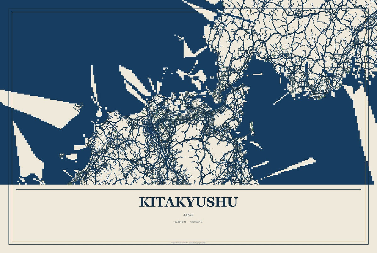 Kitakyushu, Japan City Map Aluminum Sign in Coastal Cutout style