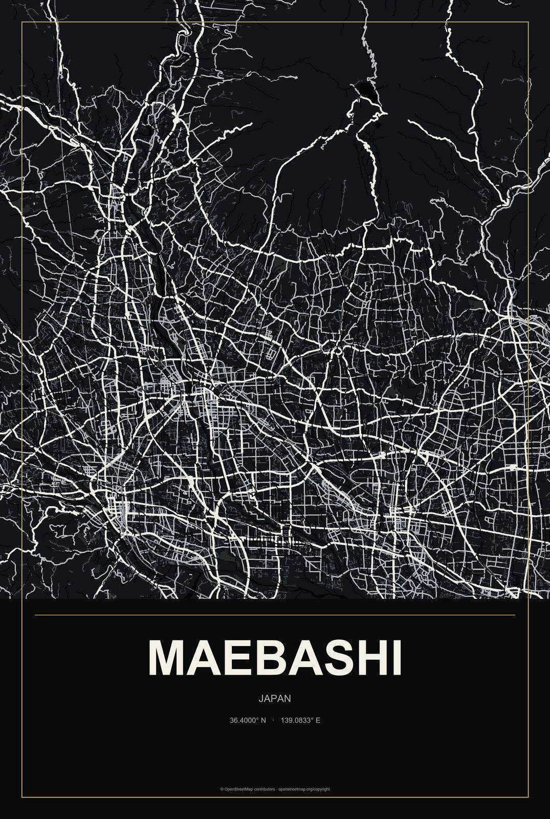 Maebashi, Japan City Map Aluminum Sign in Metropolitan Noir style
