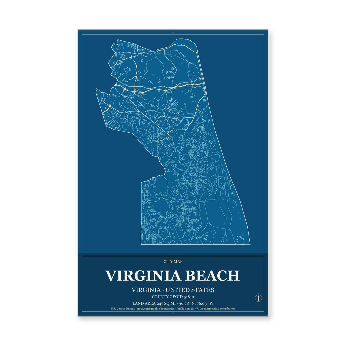 Virginia Beach city, Virginia Map Aluminum Sign in Harbor Cobalt style