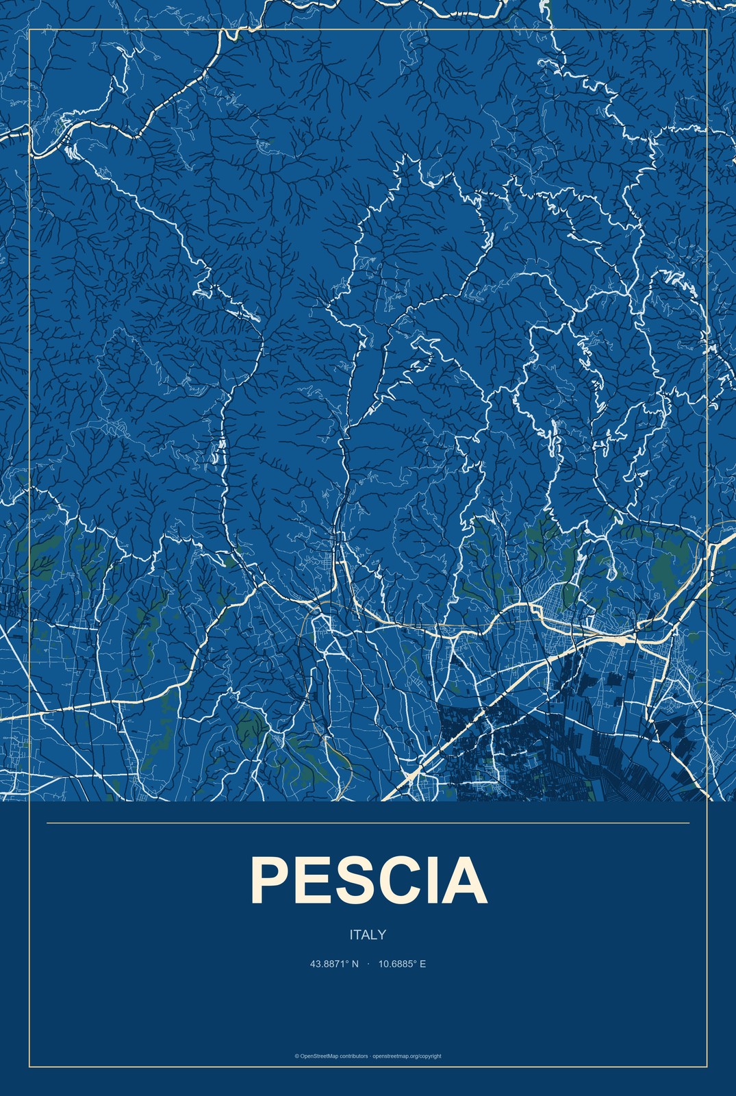 Pescia, Italy City Map Aluminum Sign in Harbor Cobalt style