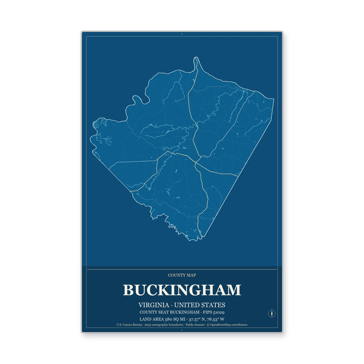 Buckingham County, Virginia Map Aluminum Sign in Harbor Cobalt style