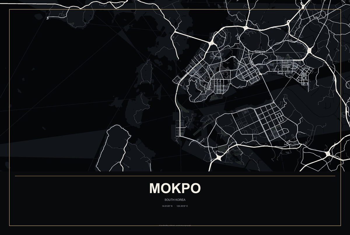 Mokpo, South Korea City Map Aluminum Sign in Metropolitan Noir style