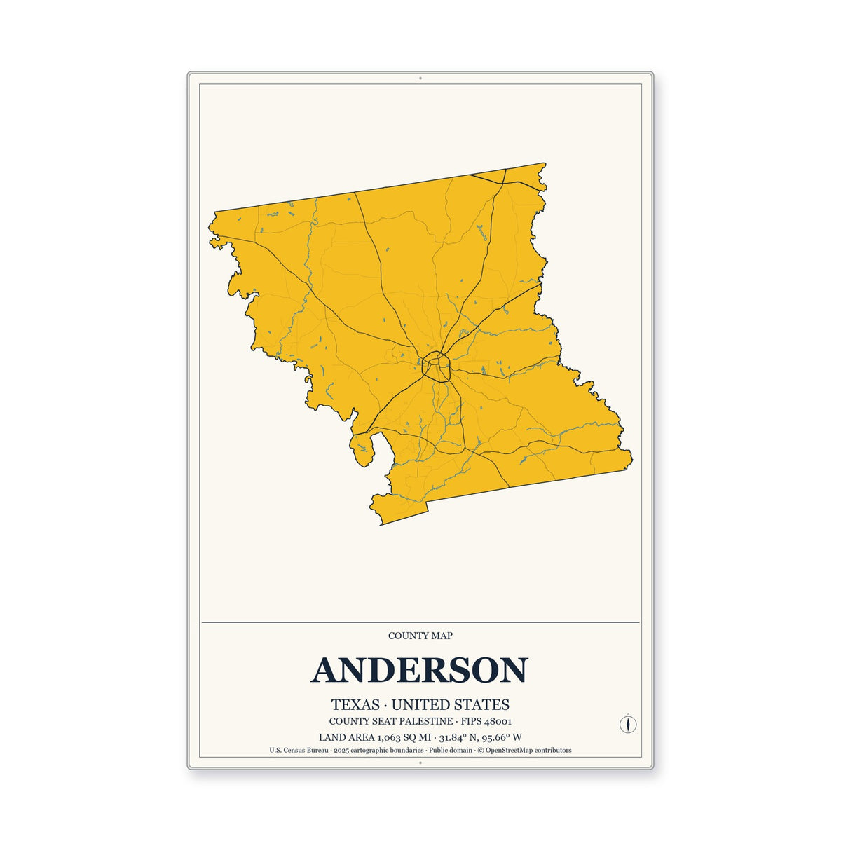 Anderson County, Texas Map Aluminum Sign in Citrine Modern style