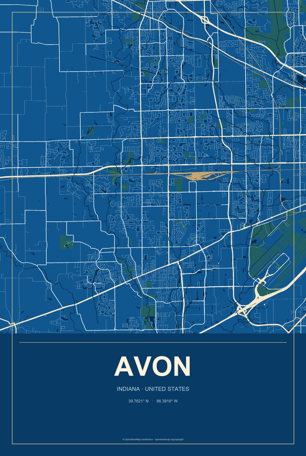 Avon, Indiana City Map Aluminum Sign in Harbor Cobalt style