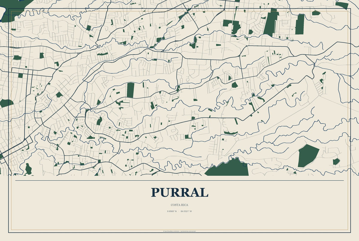 Purral, Costa Rica City Map Aluminum Sign in Coastal Cutout style