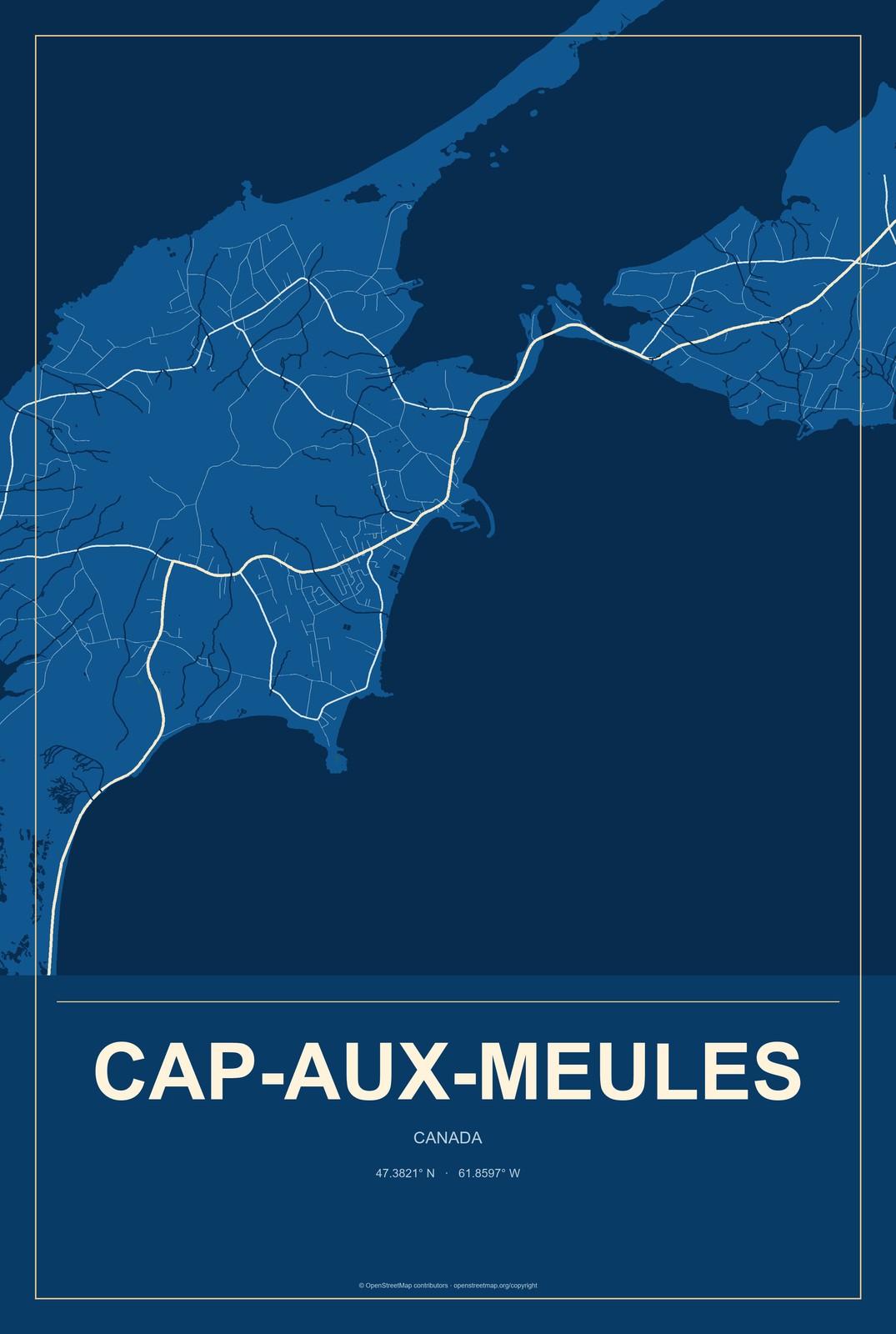 Cap-aux-Meules, Canada City Map Aluminum Sign in Harbor Cobalt style