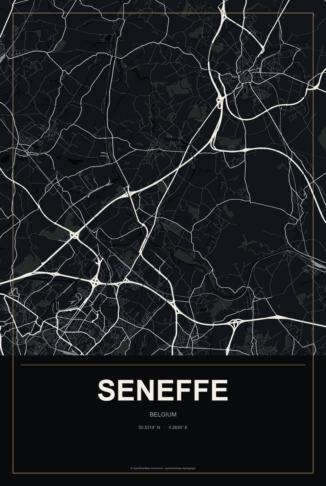 Seneffe, Belgium City Map Aluminum Sign in Metropolitan Noir style
