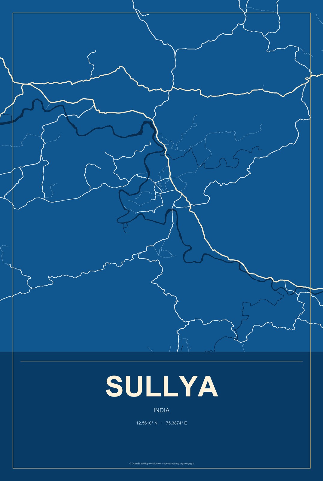 Sullya, India City Map Aluminum Sign in Harbor Cobalt style