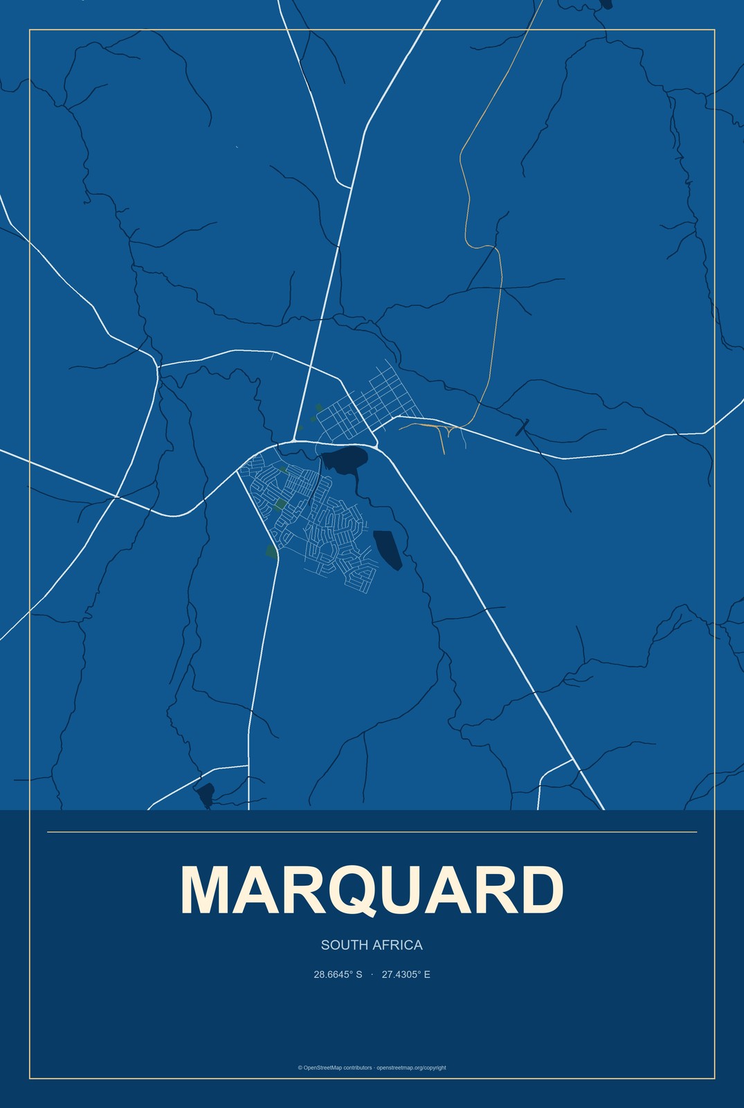 Marquard, South Africa City Map Aluminum Sign in Harbor Cobalt style