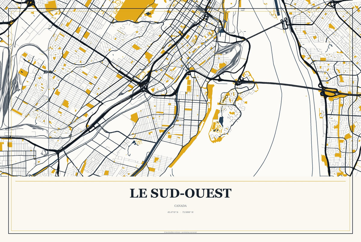Le Sud-Ouest, Canada City Map Aluminum Sign in Citrine Modern style