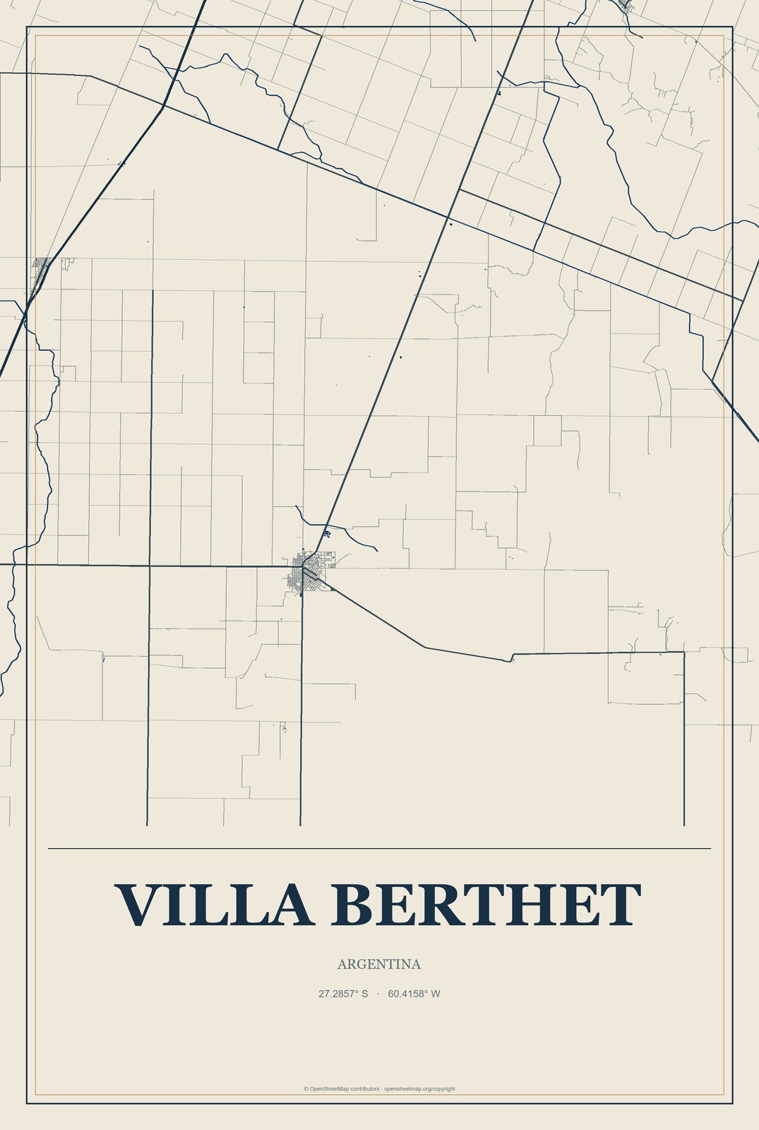 Villa Berthet, Argentina City Map Aluminum Sign in Coastal Cutout style