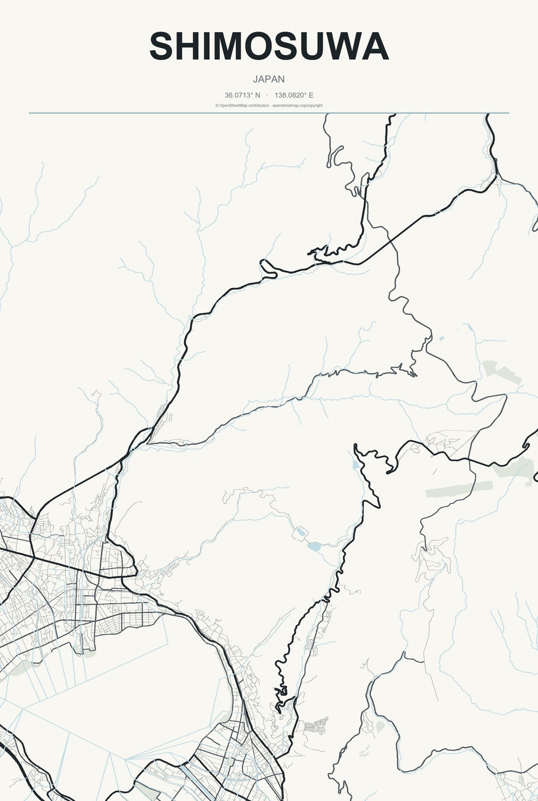 Shimosuwa, Japan City Map Aluminum Sign in Headline Atlas style