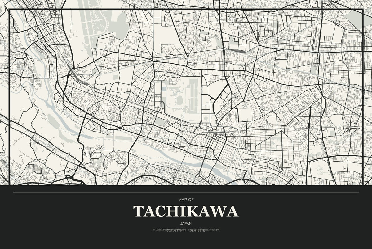 Tachikawa, Japan City Map Aluminum Sign in Museum Plaque style