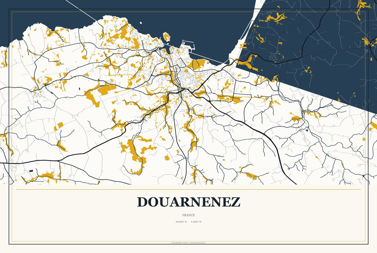 Douarnenez, France City Map Aluminum Sign in Citrine Modern style