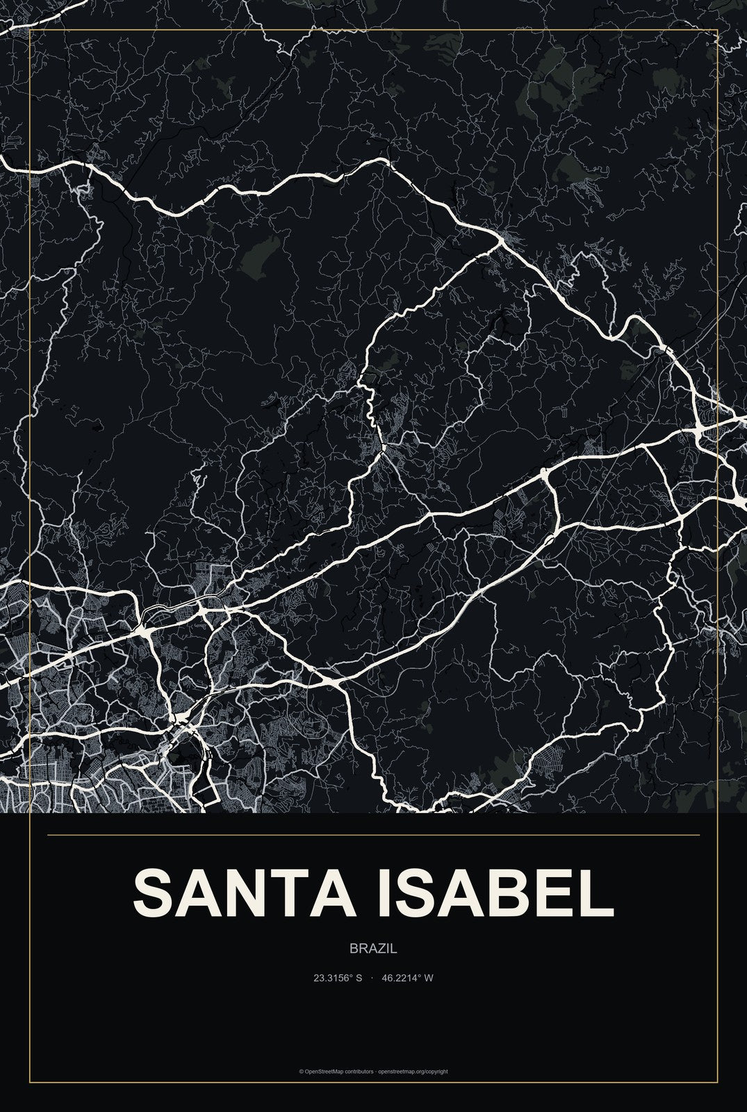 Santa Isabel, Brazil City Map Aluminum Sign in Metropolitan Noir style