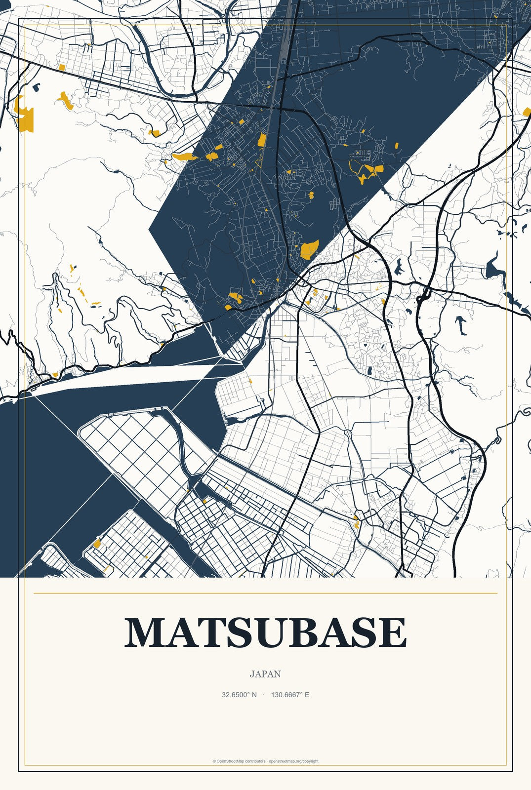 Matsubase, Japan City Map Aluminum Sign in Citrine Modern style