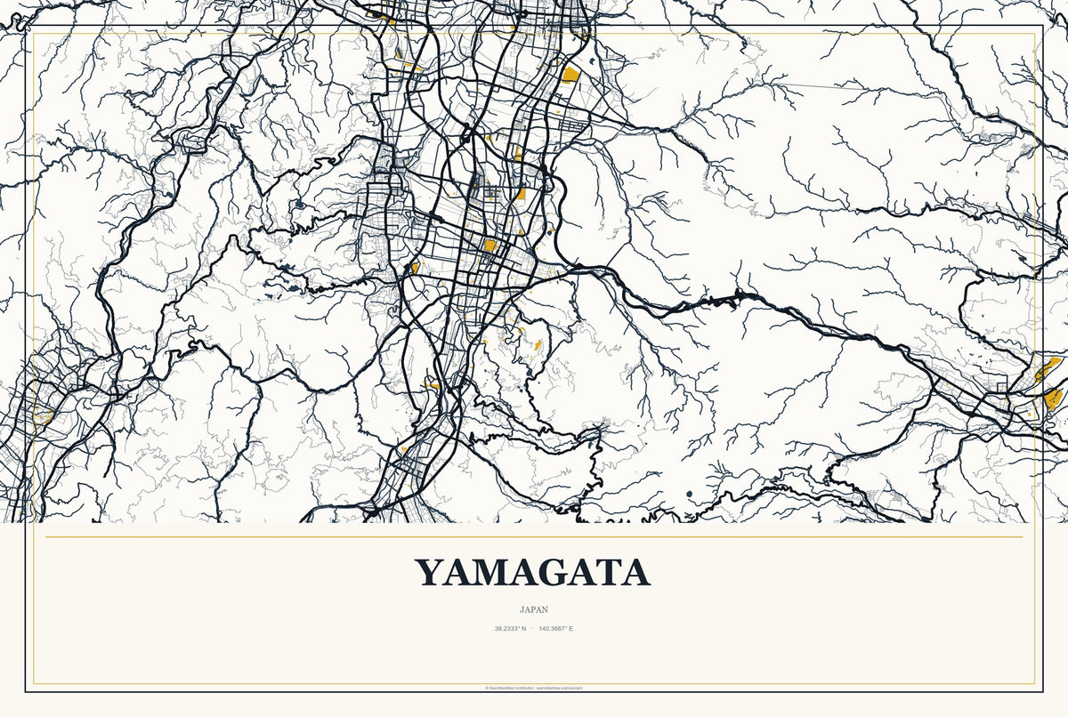 Yamagata, Yamagata, Japan City Map Aluminum Sign in Citrine Modern style