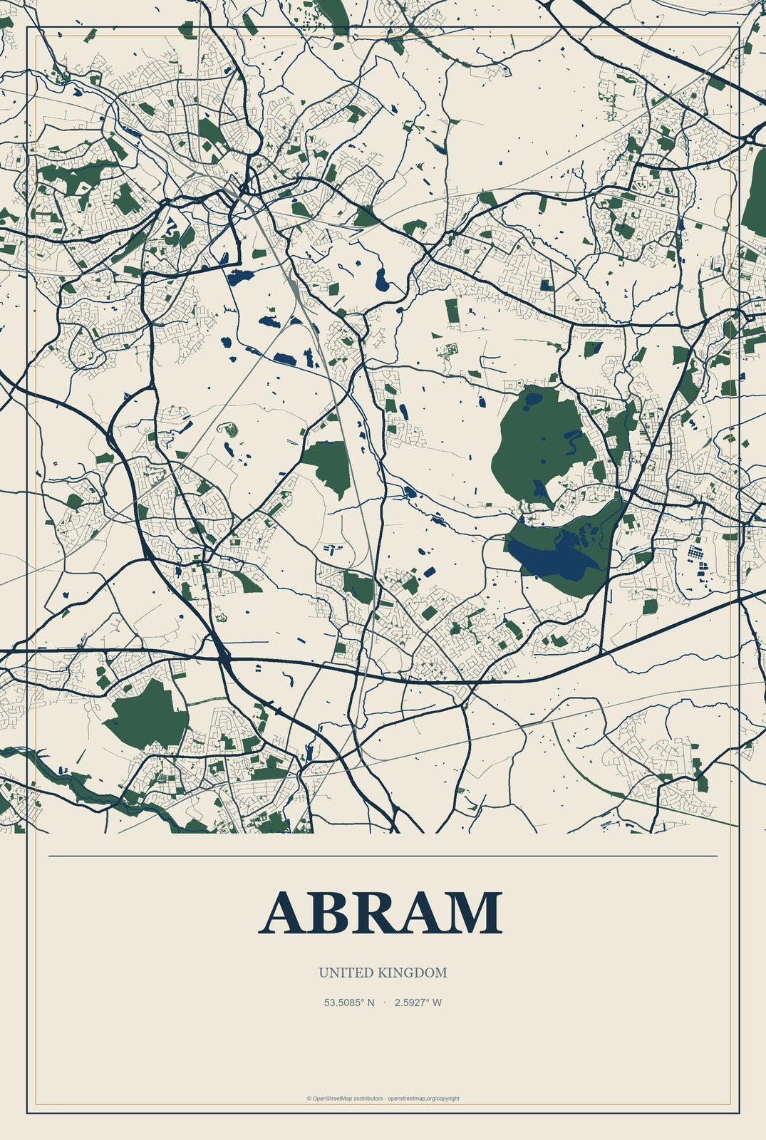 Abram, United Kingdom City Map Aluminum Sign in Coastal Cutout style
