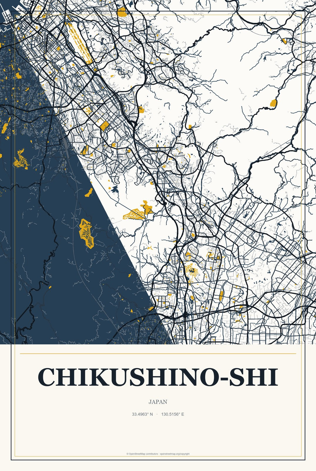 Chikushino-shi, Japan City Map Aluminum Sign in Citrine Modern style