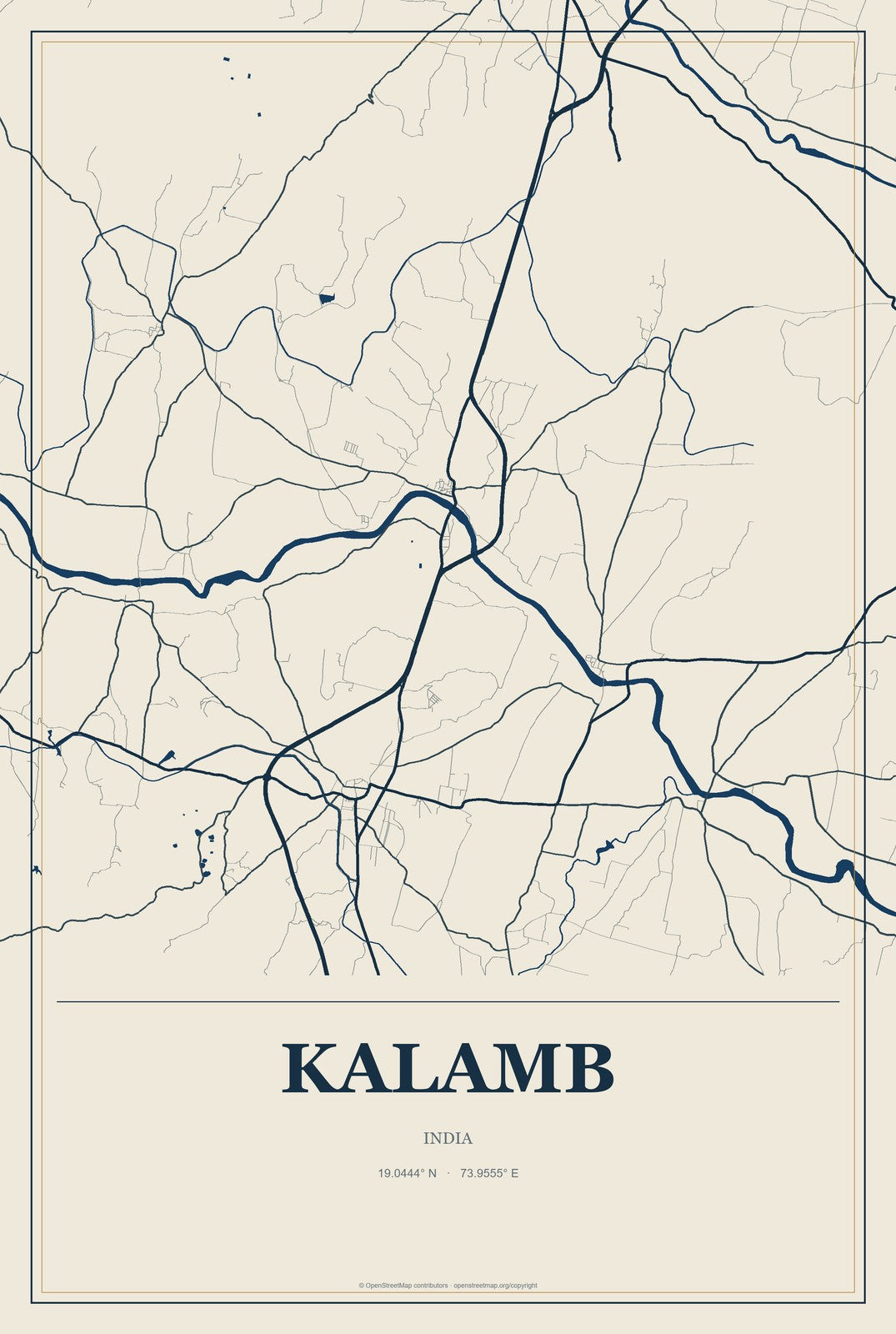 Kalamb, India City Map Aluminum Sign in Coastal Cutout style