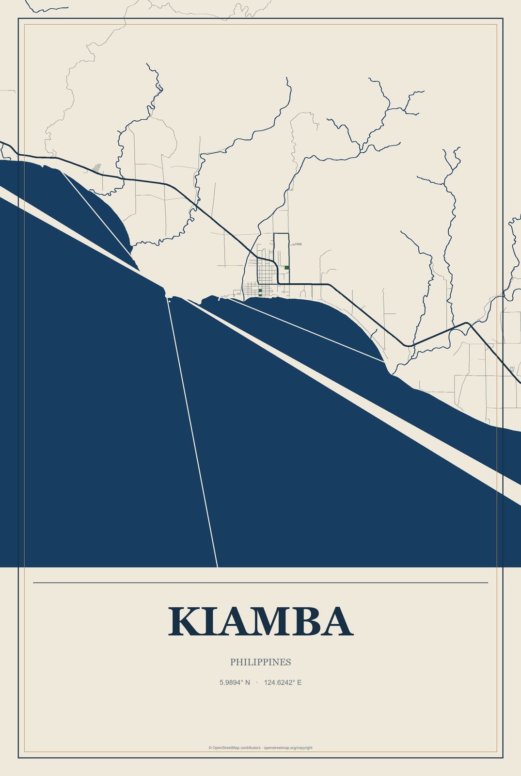 Kiamba, Philippines City Map Aluminum Sign in Coastal Cutout style