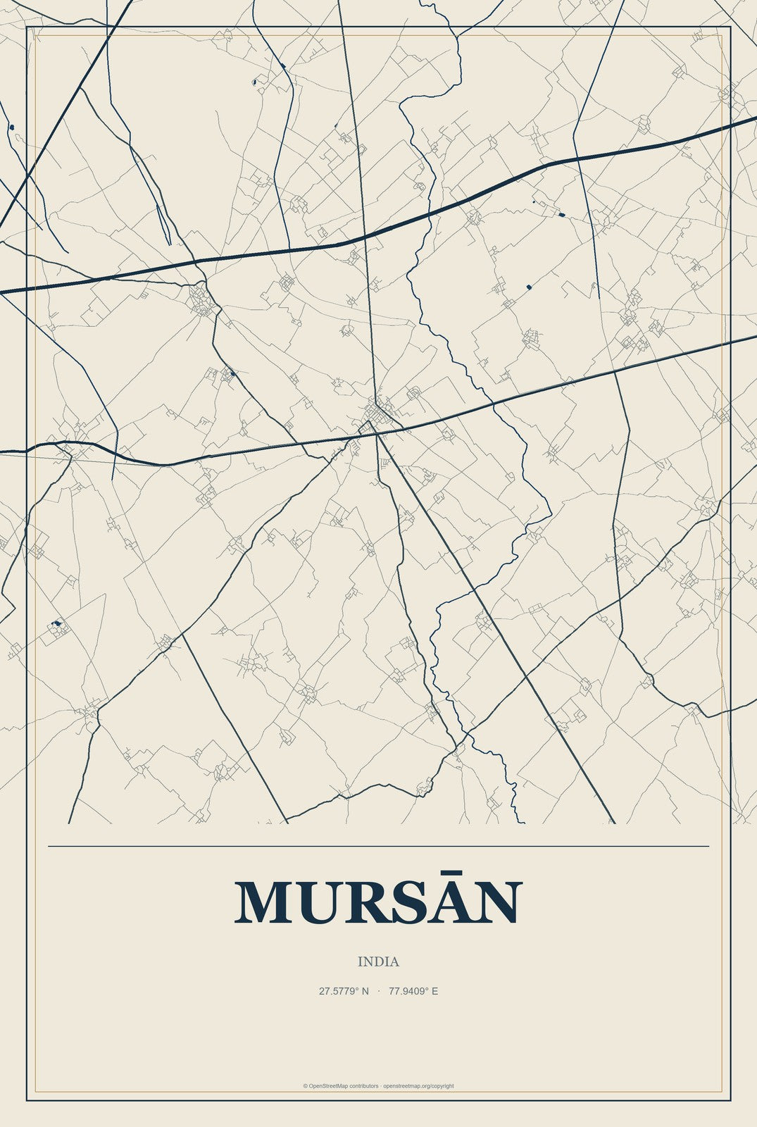 Mursān, India City Map Aluminum Sign in Coastal Cutout style