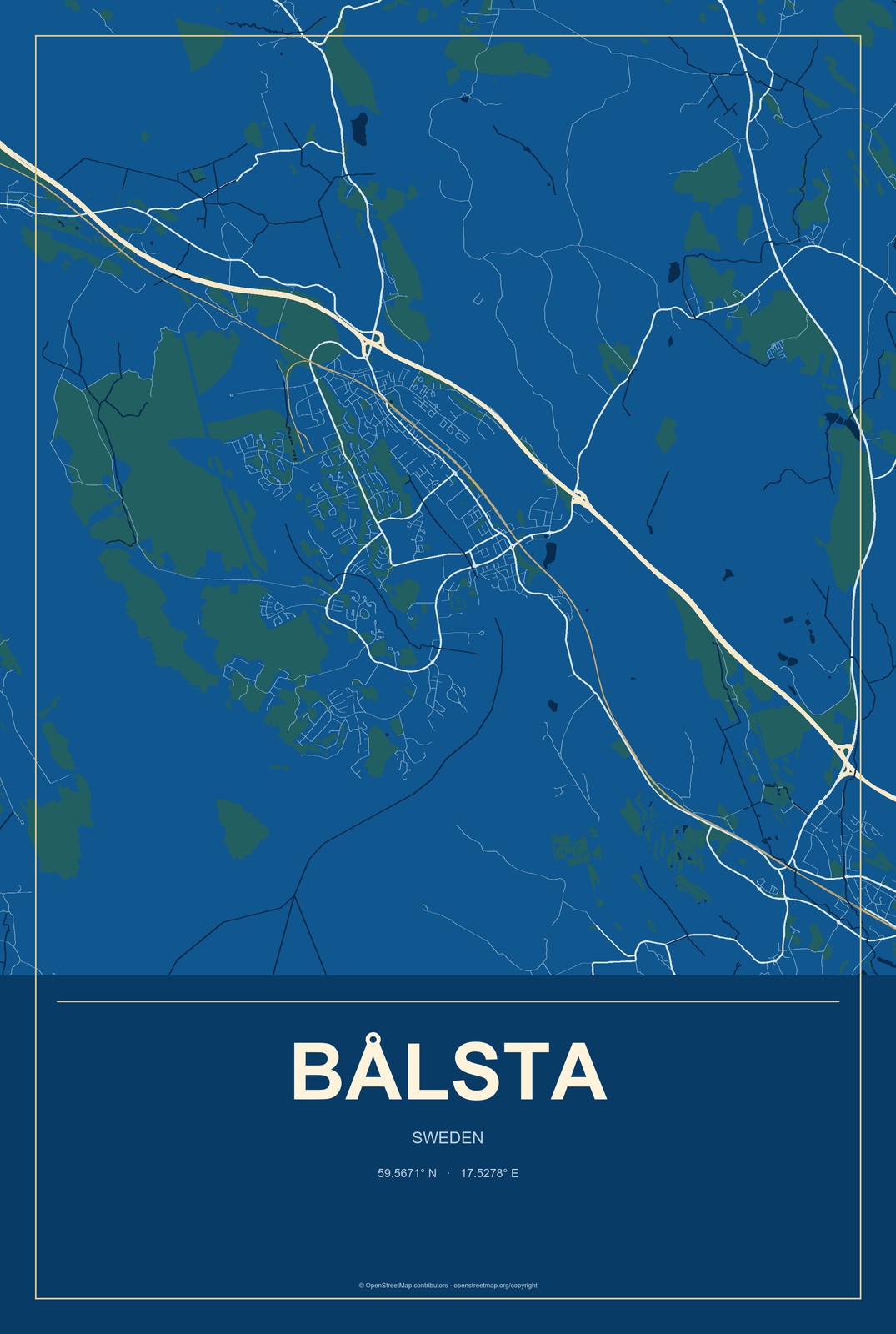 Bålsta, Sweden City Map Aluminum Sign in Harbor Cobalt style