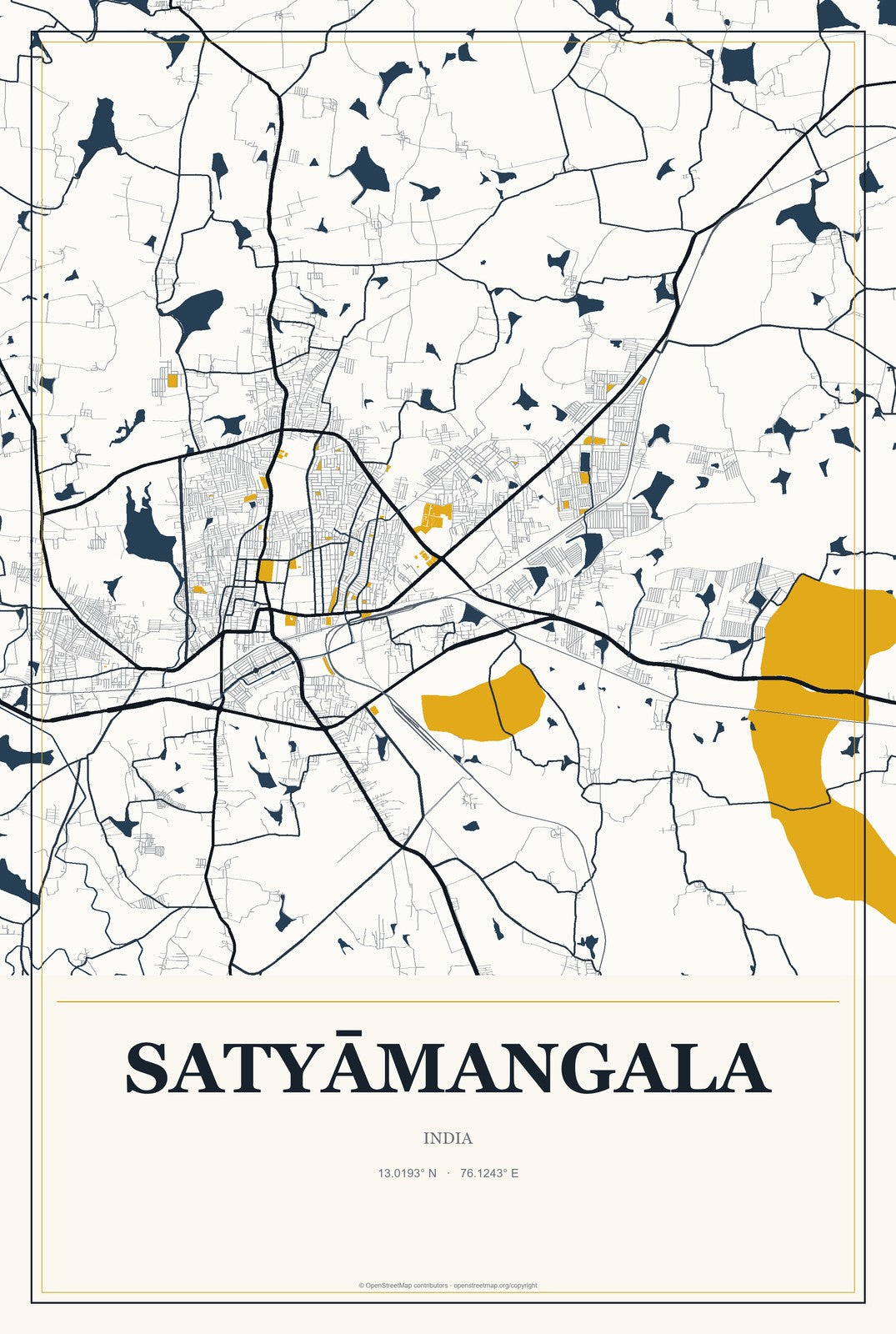 Satyāmangala, India City Map Aluminum Sign in Citrine Modern style
