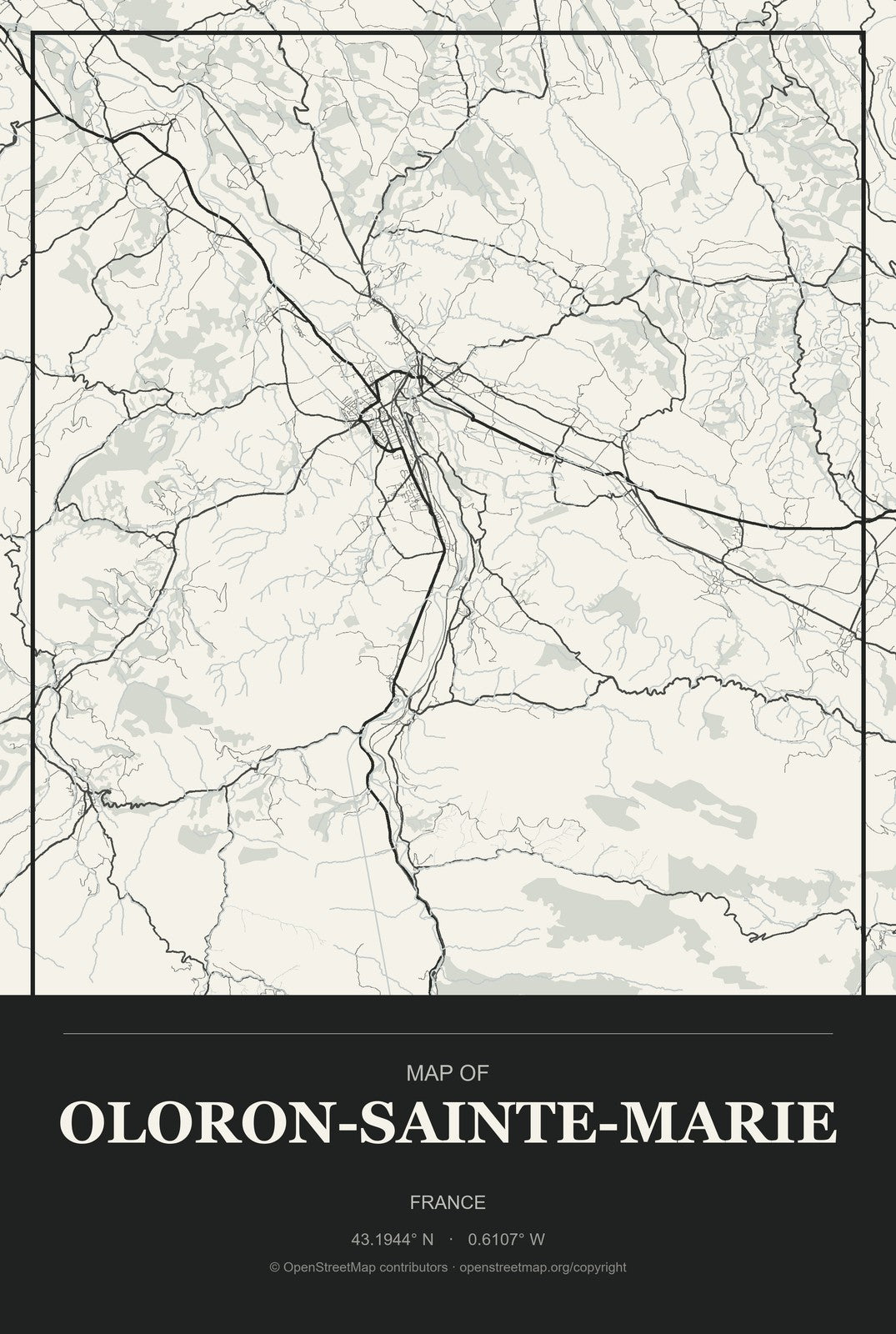 Oloron-Sainte-Marie, France City Map Aluminum Sign in Museum Plaque style
