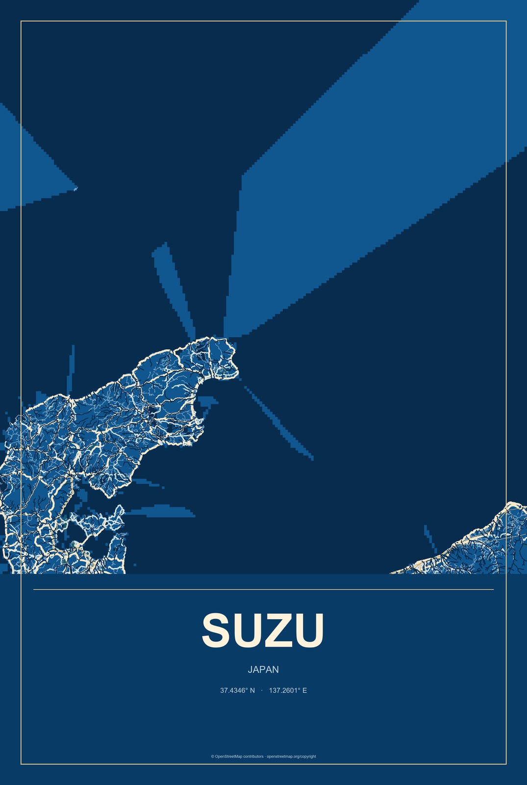 Suzu, Japan City Map Aluminum Sign in Harbor Cobalt style