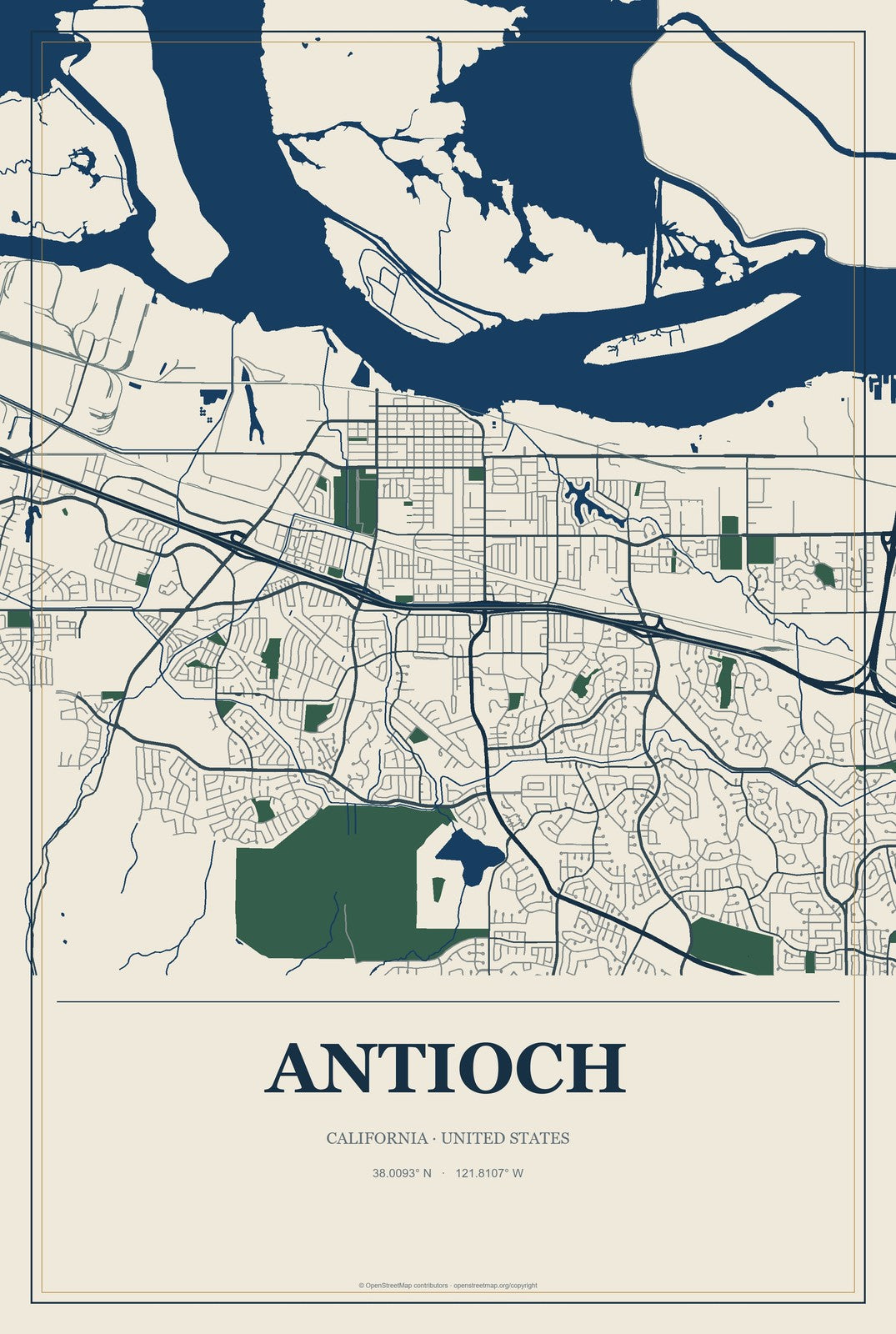Antioch, California City Map Aluminum Sign in Coastal Cutout style