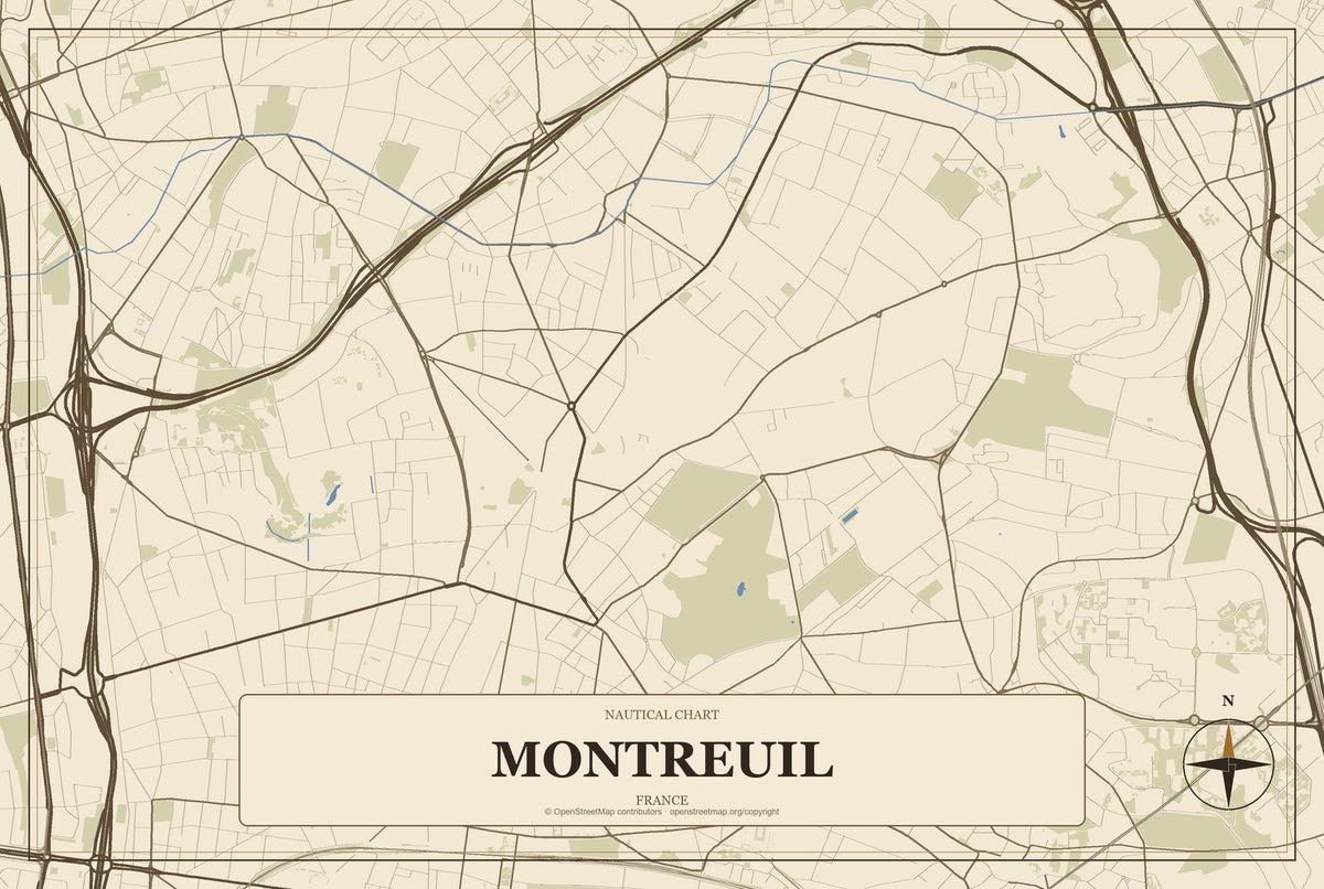 Montreuil, France City Map Aluminum Sign in Heritage Nautical style