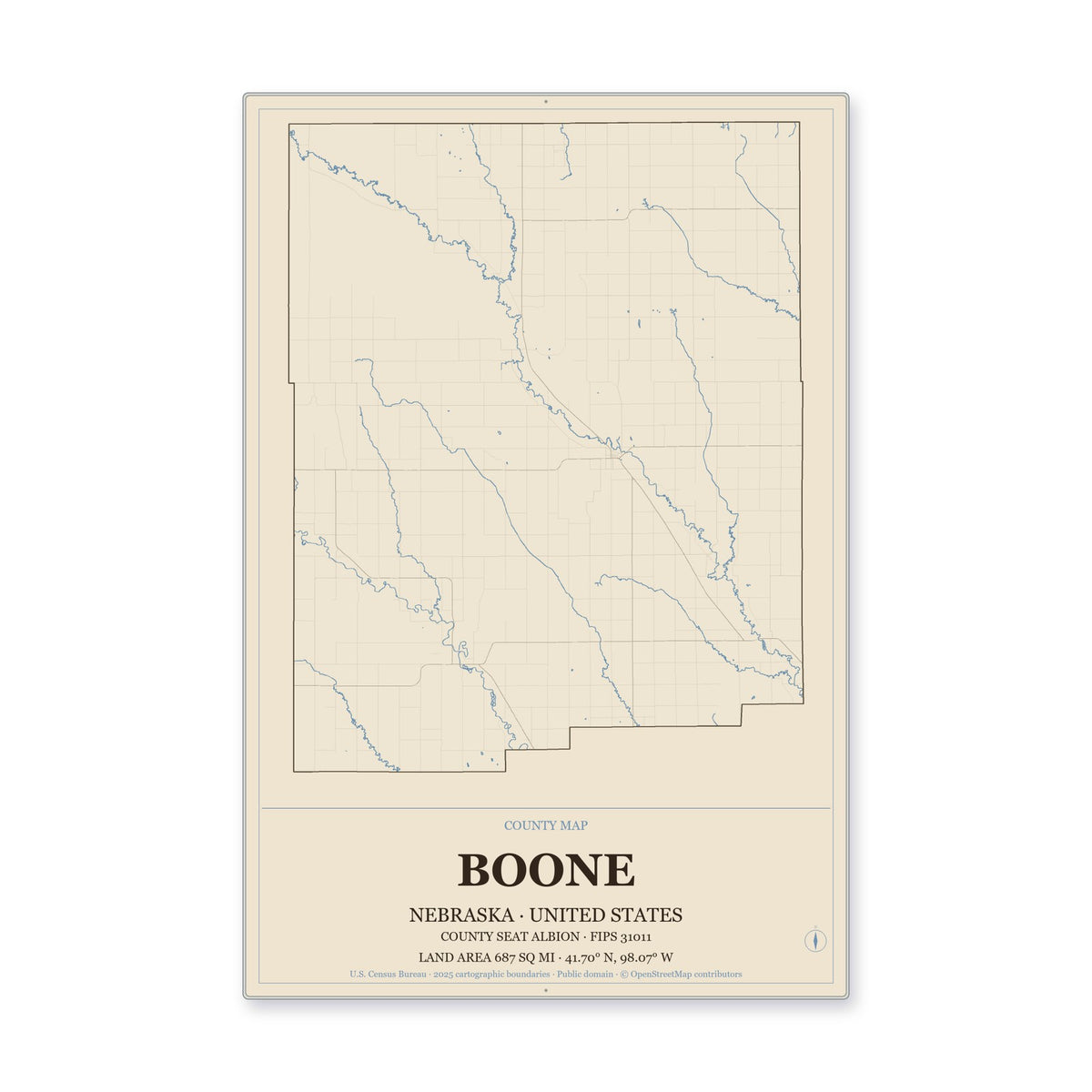 Boone County, Nebraska Map Aluminum Sign in Heritage Nautical style