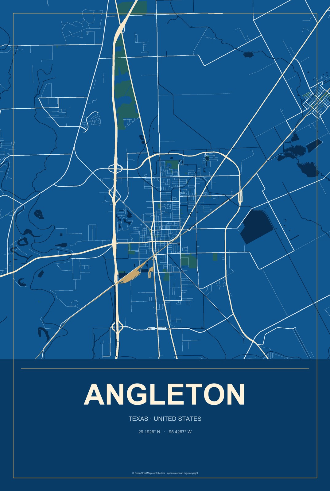 Angleton, Texas City Map Aluminum Sign in Harbor Cobalt style