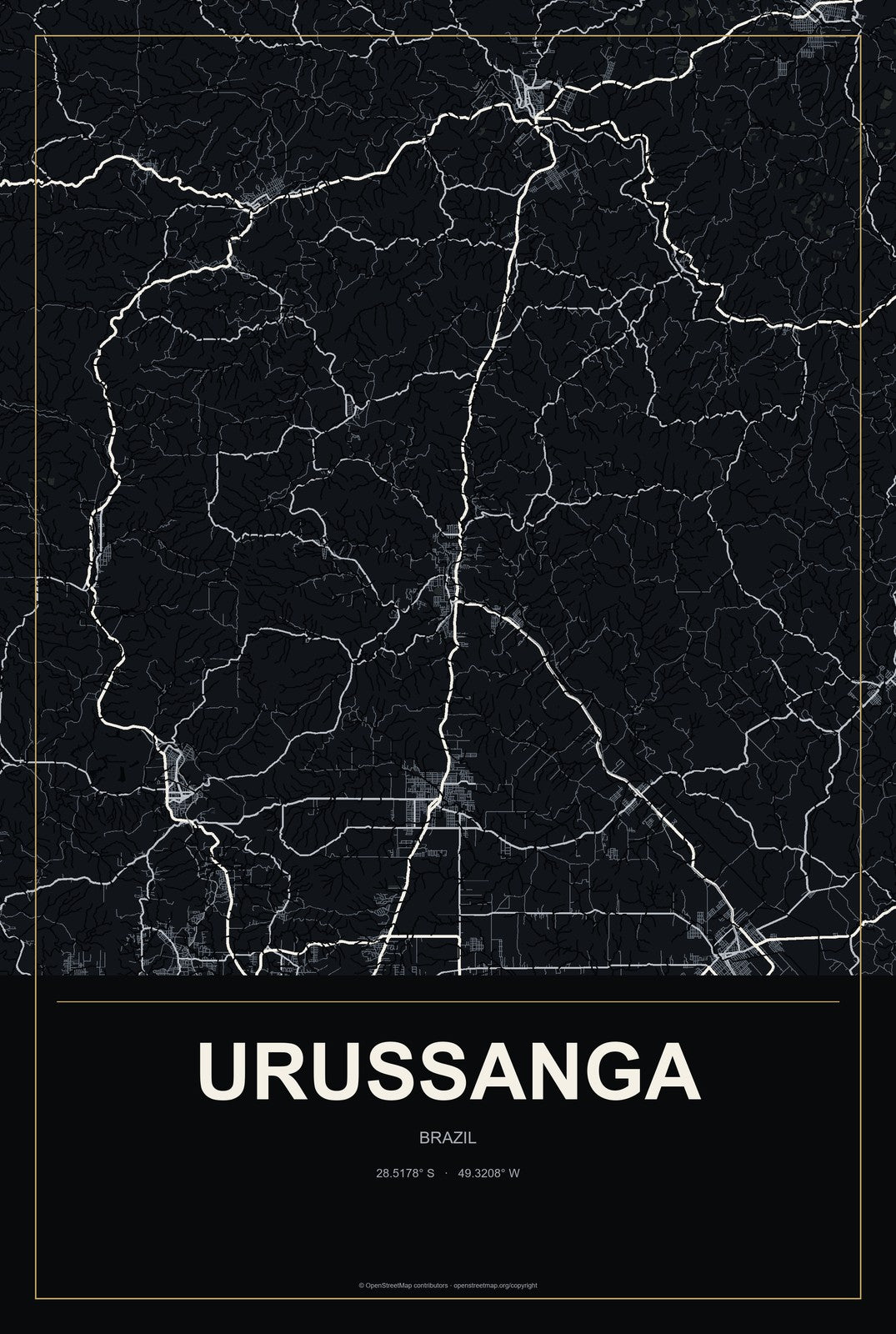 Urussanga, Brazil City Map Aluminum Sign in Metropolitan Noir style