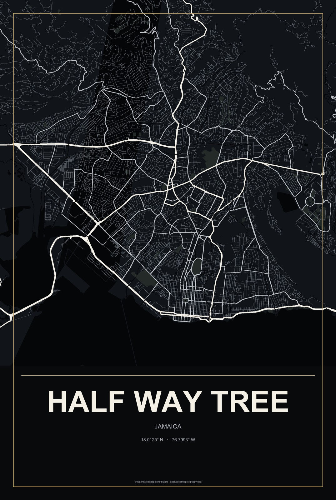 Half Way Tree, Jamaica City Map Aluminum Sign in Metropolitan Noir style