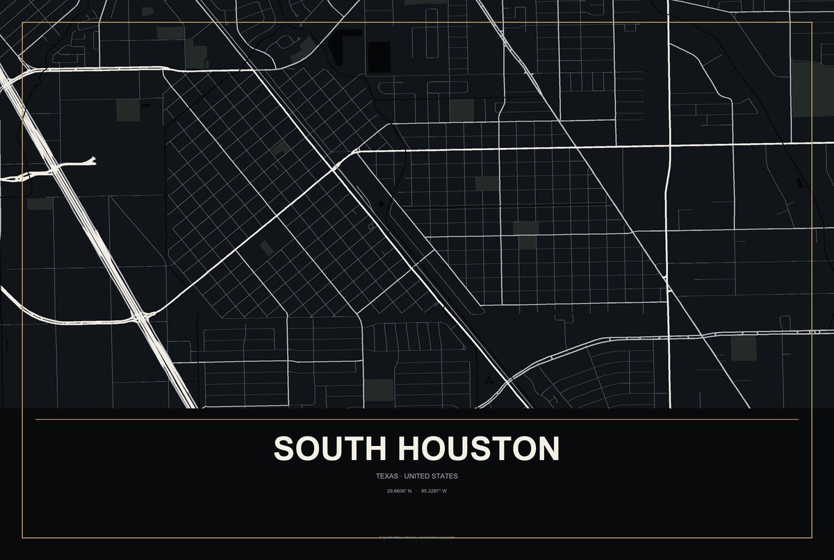 South Houston, Texas City Map Aluminum Sign in Metropolitan Noir style