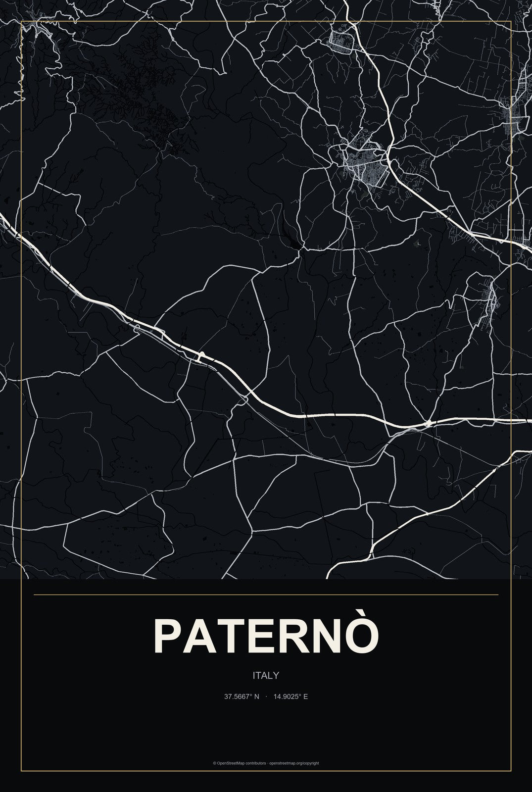 Paternò, Italy City Map Aluminum Sign in Metropolitan Noir style