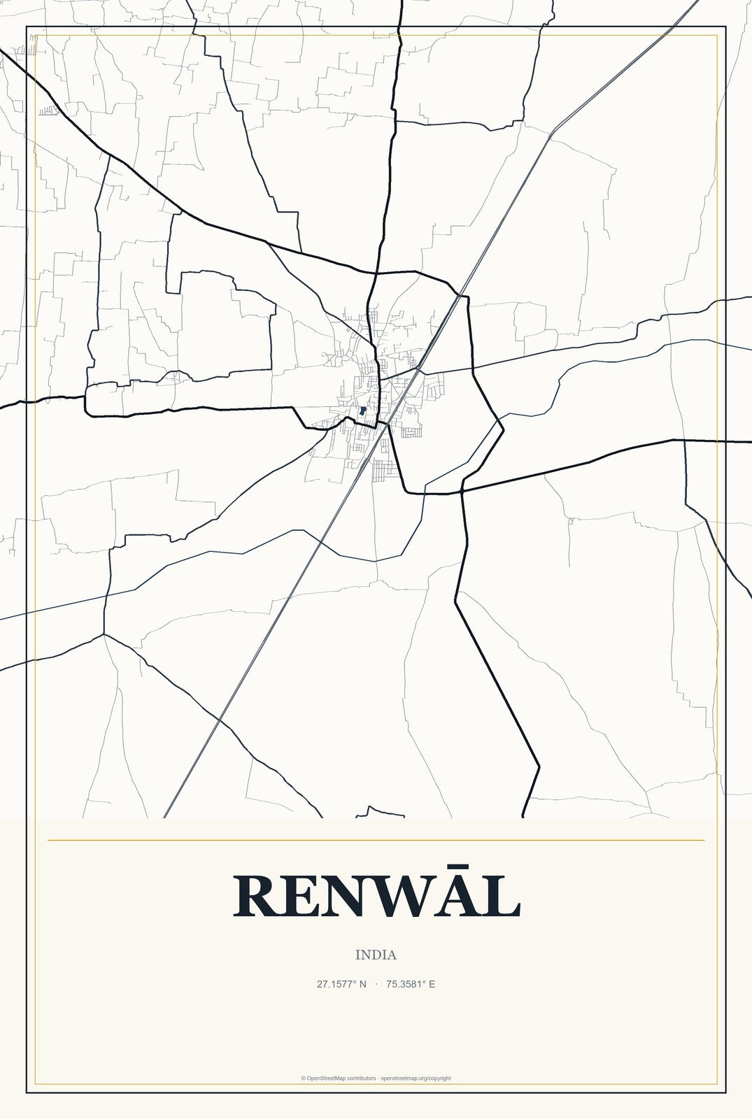 Renwāl, India City Map Aluminum Sign in Citrine Modern style