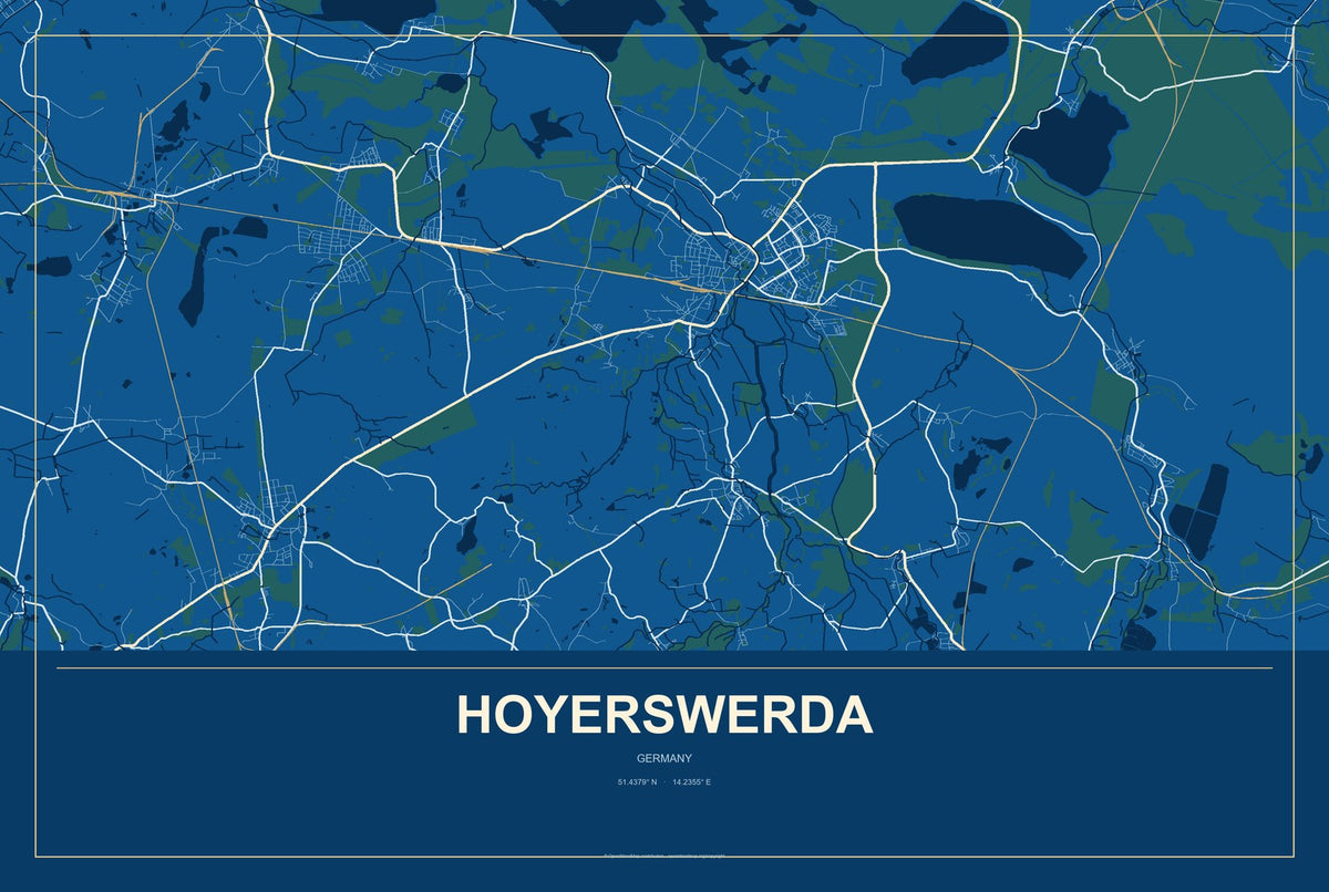 Hoyerswerda, Germany City Map Aluminum Sign in Harbor Cobalt style