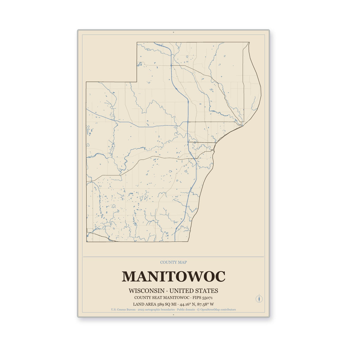 Manitowoc County, Wisconsin Map Aluminum Sign in Heritage Nautical style