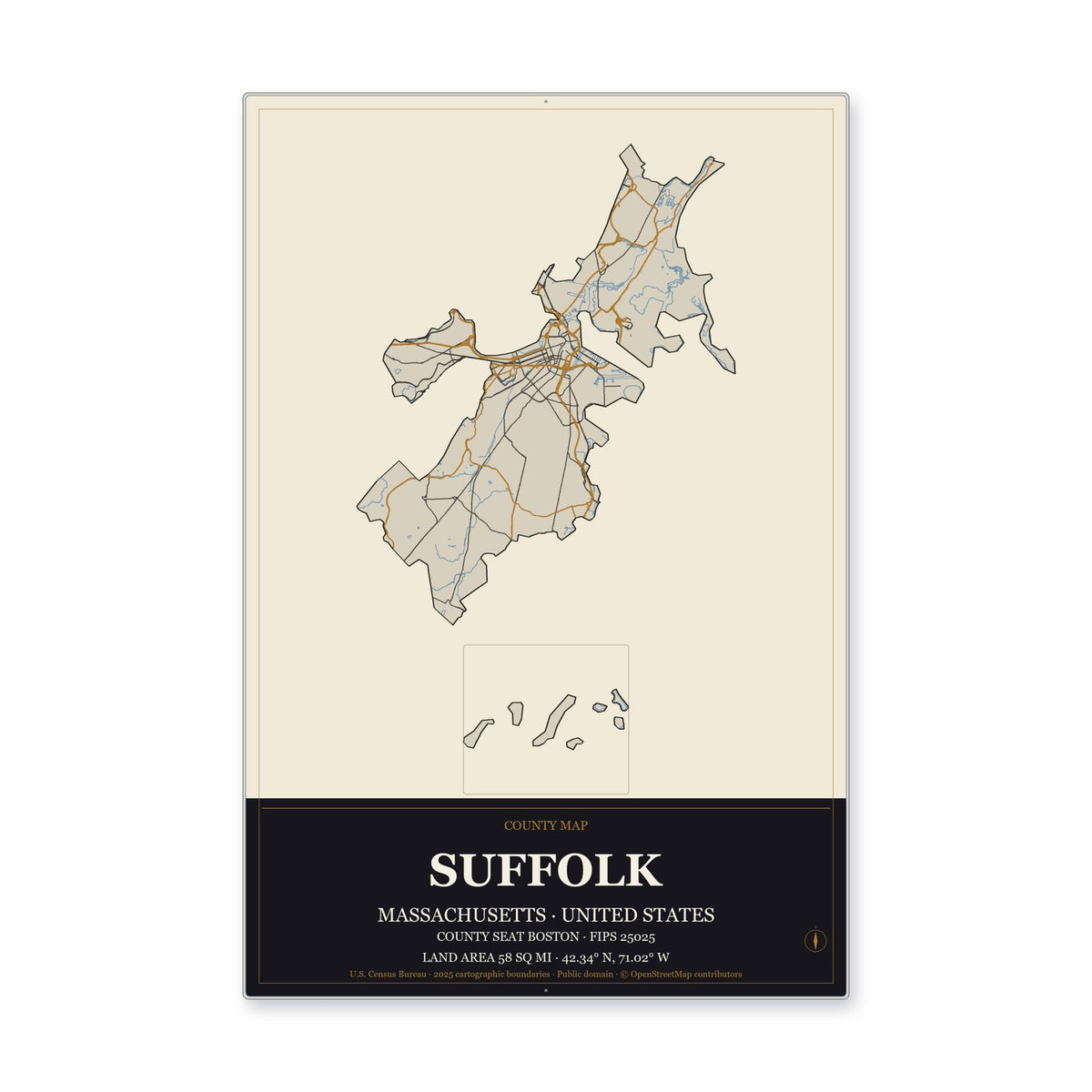 Suffolk County, Massachusetts Map Aluminum Sign in Museum Plaque style